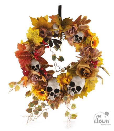 Halloween kranssi, kukkia ja pääkalloja