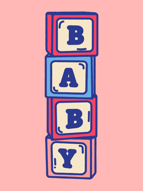 Baby -teksti pinotuista kirjainlaatikoista